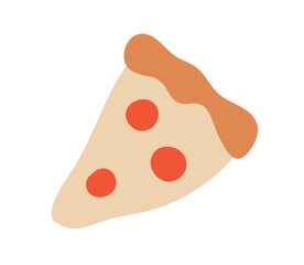 Pizza slice with crust. Triangle piece with sausage, Italian fast food. Pepperoni icon in doodle style. Tasty snack from Italy, pizzeria. Flat vector illustration isolated on white background