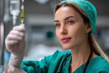 A healthcare worker in scrubs checks an IV drip