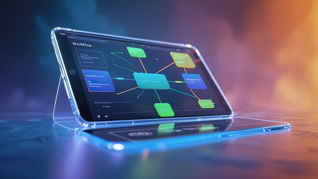 Crystal-clear tablet displaying workflow diagram