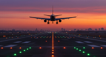 An Airport Runway Illuminated at Twilight.