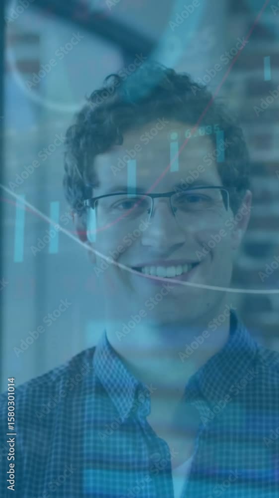 Aufkleber financial data charts and graphs animation over smiling man in office