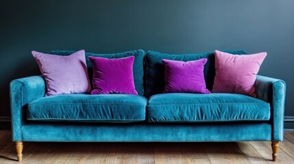 Teal velvet sofa with patterned cushions.
