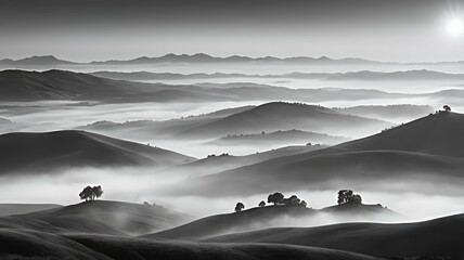 Serene black and white mountain landscape with rolling hills and morning mist