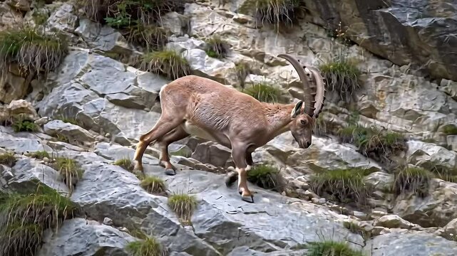 Light Brown Ibex Delicately Descends a Steep Rocky Terrain Surrounded By Sparse Greenery In Natural Habitat