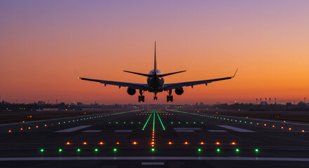 An Airplane Landing on a Runway at Sunset.