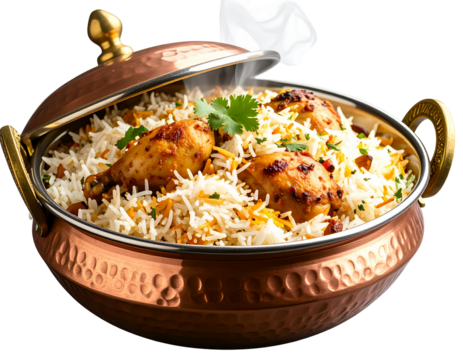 Overflowing Chicken Biryani in Copper Handi with Steam Effect, Stylized Hot Food Icon, Transparent Background.