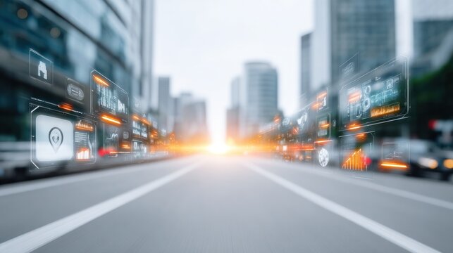 Cityscape of the Future: A dynamic cityscape pulses with futuristic digital overlays, showcasing a fusion of urban life and advanced technology. A radiant light streaks towards the horizon.