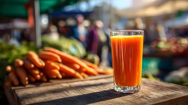 Human eye level shot of fresh carrot orange juice in a tall glass captured at an outdoor farmers market with vibrant produce stands in the blurred background natural morning light and crisp shadows