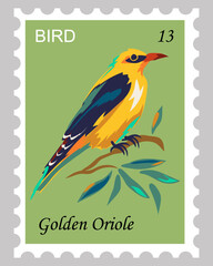 Postage stamp with golden oriole. Bright and colorful bird sits on branch with leaves on  green background. Hand drawn. Vector illustration.