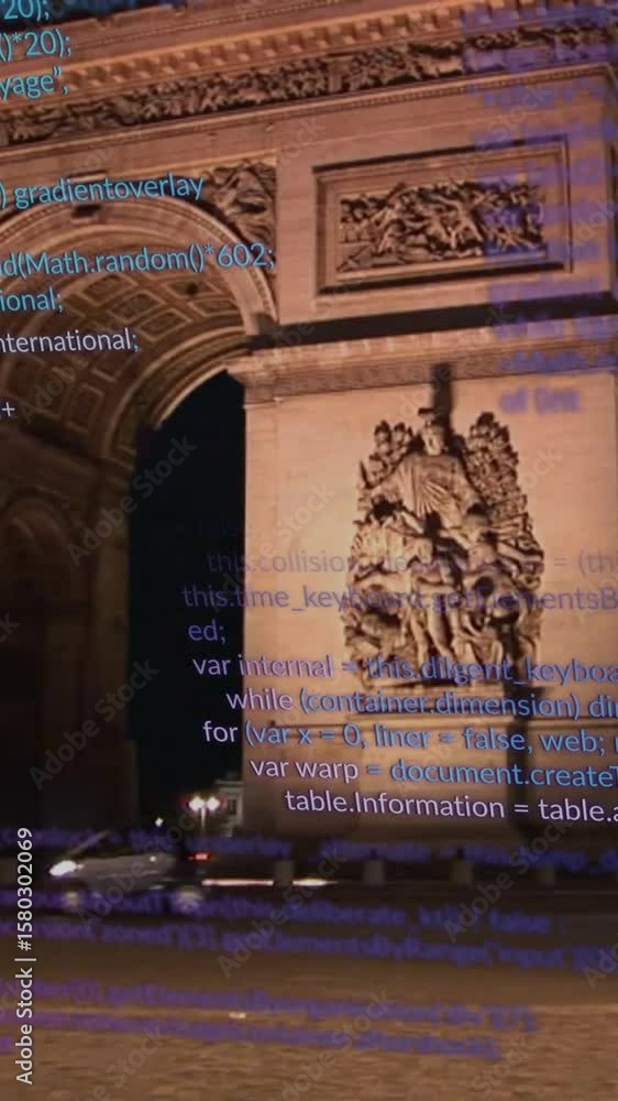 Poster animating programming code over arc de triomphe at night