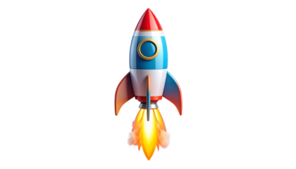 3D rocket with a sleek design and bright colors, launching upward  effects, isolated on a white background  png