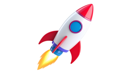 3D rocket with a sleek design and bright colors, launching upward to represent business startup and growth. isolated on a white background png
