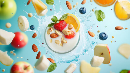 Fresh Fruits and Nuts Splashing in Milk Glass