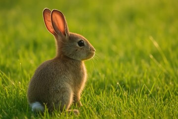 A young rabbit sits in quiet contemplation amidst a verdant meadow