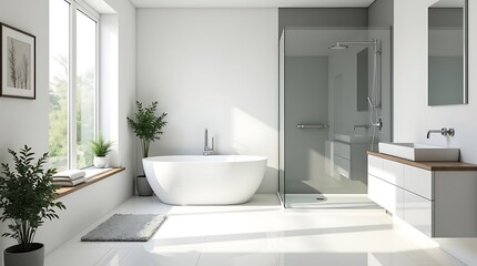 Fototapeta premium A spacious modern bathroom with a freestanding tub and shower