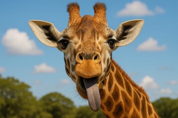 Naklejka premium Capturing the essence of nature's beauty, this majestic giraffe stands tall against a backdrop of azure skies dotted with fluffy white clouds