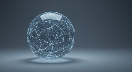 A transparent sphere encasing an illuminated network of geometric lines and scattered points casting a glow on a dark grey surface