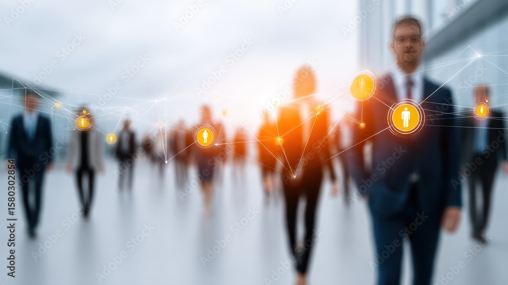 Poster visionary collective: a blurred image of professionals converging in a modern cityscape, interwoven 