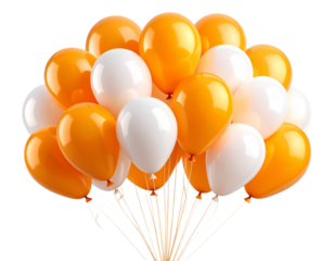Cluster of Orange and White Party Balloons Floating Up – Isolated PNG on Transparent Background