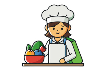 Friendly cartoon chef wearing a white toque and apron holding a bowl of colorful fruits ready to prepare a healthy meal