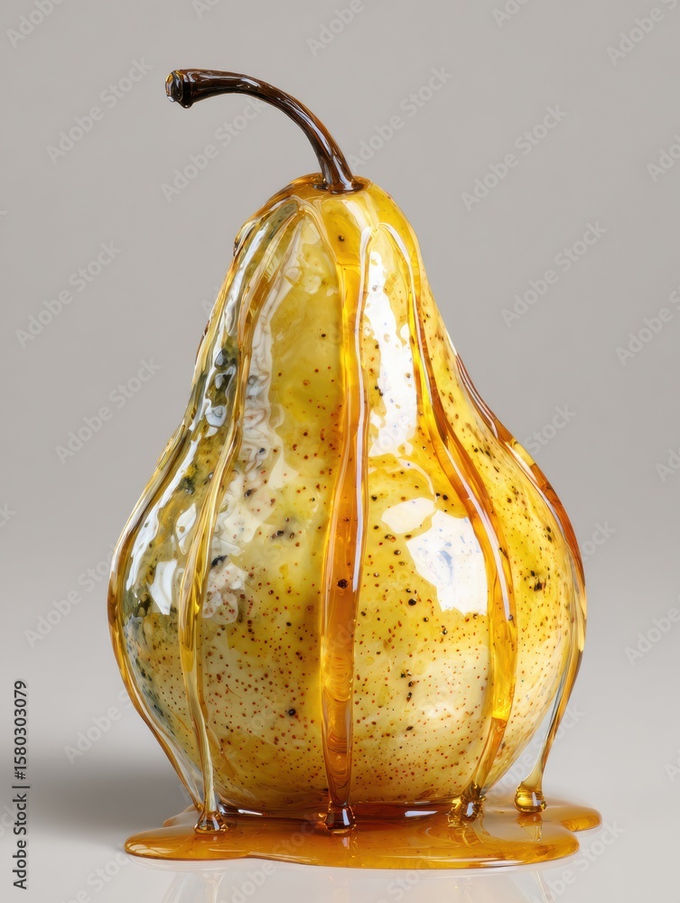 Poster hyperrealistic depiction of a pear dripping with honey in a well-lit, clear setting