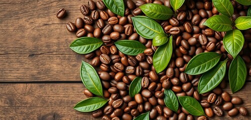 Obraz premium Roasted coffee beans scattered with vibrant green leaves on aged wood, overhead, invigorating, light