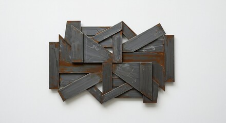 Abstract arrangement of grey rusted metal plates on a white background featuring overlapping rectangular and triangular shapes