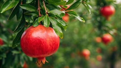 Ripe pomegranate fruit on the tree in orchard