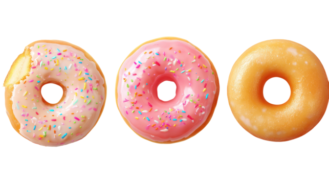 Donuts isolated set fresh donut bitten and half a donut on transparent background


