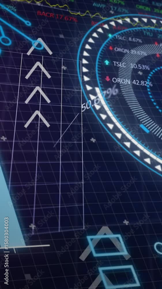 Poster animation of interface with round scanner and stock market data processing against blue background