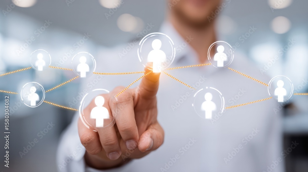 Poster digital network connection: a male hand interacts with a network of illuminated people icons. highli