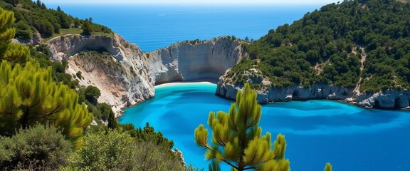 Obraz premium Secluded turquoise bay, dramatic cliffs, lush greenery, pine trees, Mediterranean coast, serene, sunlight