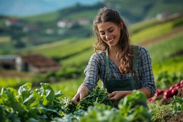 Happy female farmer harvesting fresh organic vegetable and greenery in local farm at countryside. Natural and eco food concept.	