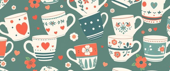 Seamless vector pattern of vintage Scandinavian ceramic coffee cups and tea mugs with hearts, dots, stripes, and flowers,  cozy,  vintage