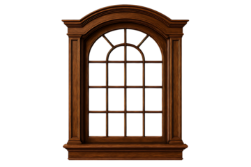 Elegant arched wooden window with detailed trim isolated on transparent background