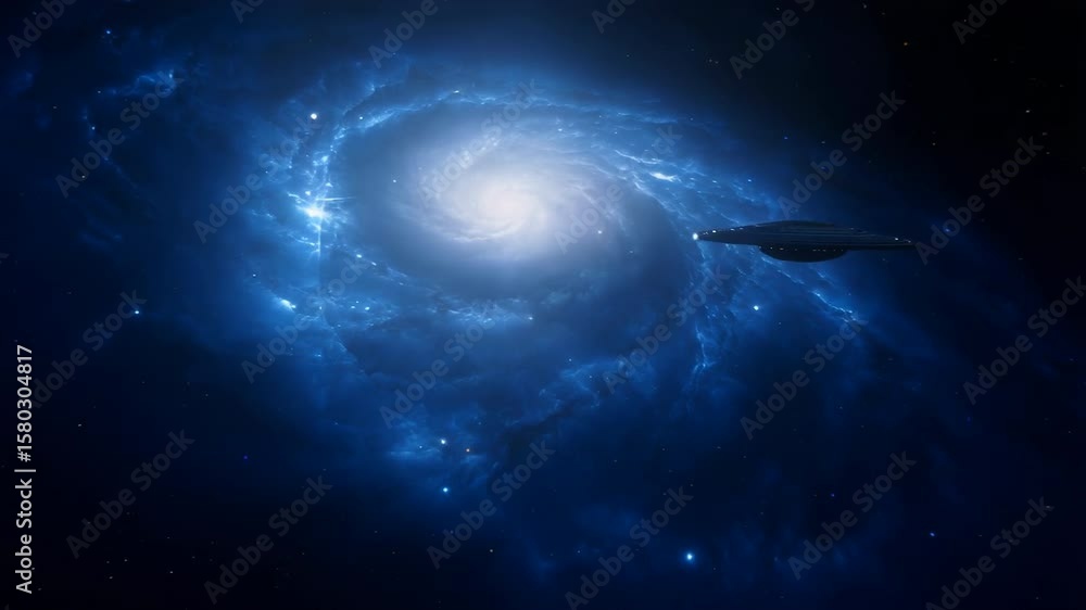 Poster futuristic spacecraft navigating through luminous cosmic nebula in deep space, science fiction journ