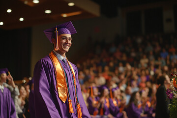 A cheerful graduate in a purple gown smiling proudly amidst a joyful graduation ceremony celebration, with background audience clapping and showing support.