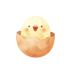 Fototapeta premium Adorable Watercolor Chick Peeking from its Cracked Eggshell, Joyful and Cheerful Springtime Scene
