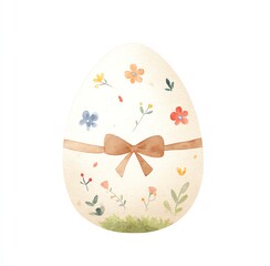 Charming Watercolor Easter Egg, adorned with delicate flowers and a brown ribbon bow, creating a festive springtime ambiance.