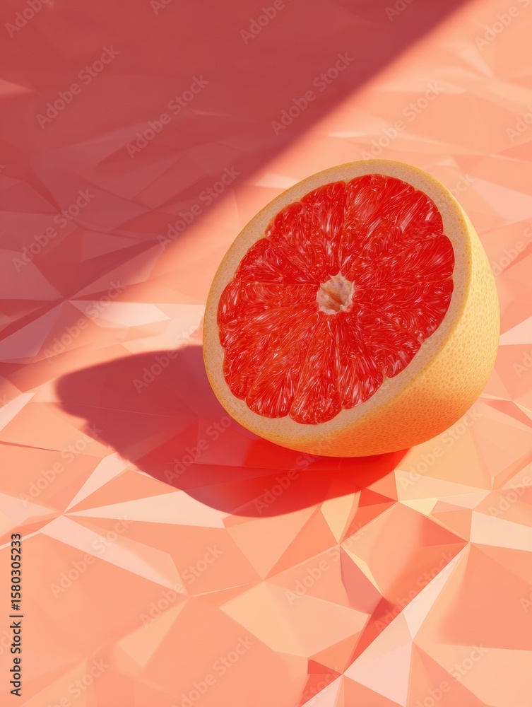 Poster grapefruit resting on a geometric background with soft shadows and a clear upper zone during dayligh