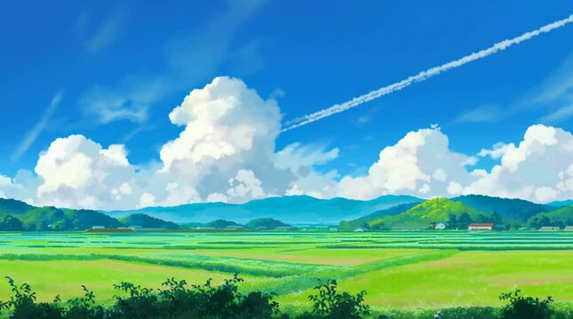 夏の青空と入道雲が美しい田園風景のアニメ風イラスト素材｜緑の稲穂が風に揺れる日本の原風景｜のどかな農村と山並みが広がる心癒される自然背景素材