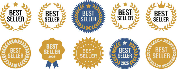 Vector art of set of golden and blue best seller badges and seals