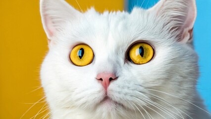 Portrait of a white cat with yellow eyes on a blue background