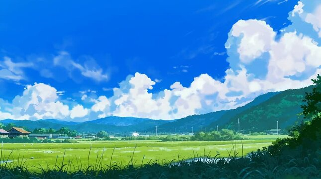 日本の夏の田園風景をアニメ調で描いた幻想的なイラスト素材｜青空と入道雲が広がる自然豊かな山里｜懐かしくも美しい緑の風景と光のコントラストが魅力的な背景画像