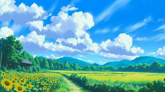 夏の青空と入道雲が美しい田園風景のアニメ風イラスト素材｜緑の稲穂が風に揺れる日本の原風景｜のどかな農村と山並みが広がる心癒される自然背景素材