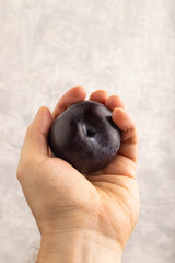 Purple Plum Cut in half with hand on gray concrete, Side view, close up