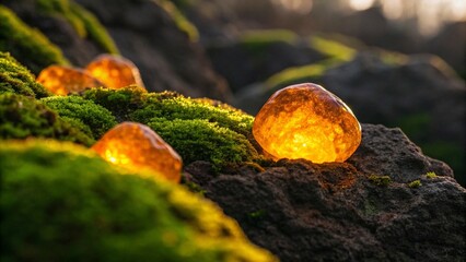 Glowing light bulbs with green moss on a stone in the forest