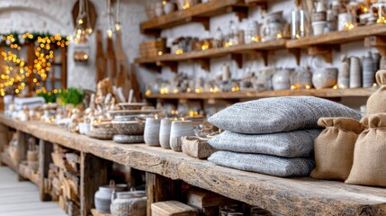 Fototapeta premium Artisan Shop: This inviting shop showcases a variety of handcrafted items, with a focus on rustic decor. Displayed on weathered wooden shelves and counters.