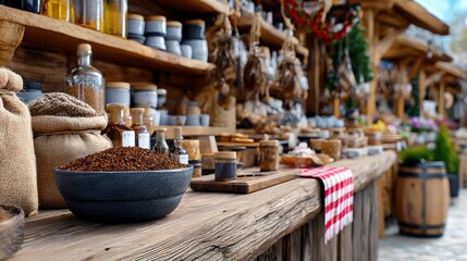Fresh Market Goods: A rustic display of fresh goods at a bustling market, showcasing a diverse array of ingredients and products.