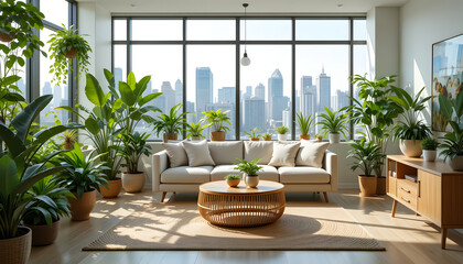 Minimalist Apartment Living Room with Greenery and City Panorama